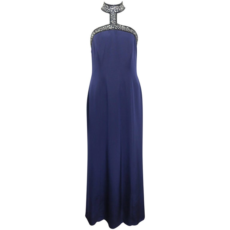 Escada Couture Dunkelblaues Meerjungfrauen-Nachtkleid aus Seide mit  Pailletten/Perlen im Angebot bei 1stDibs