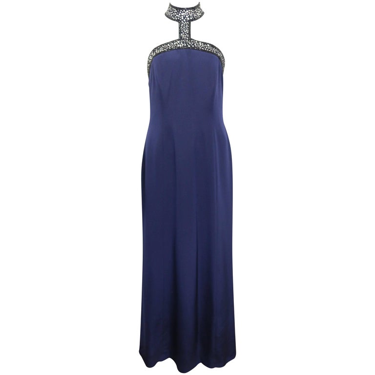 Escada Couture Dark Blue Choker Neck with Sequins/Beads Mermaid Silk  Nightgown For Sale at 1stDibs | black silk nightgown, blue choker dress,  dark blue night gown