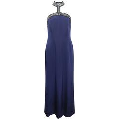 Escada Couture Dark Blue Choker Neck with Sequins/Beads Mermaid Silk Nightgown 8