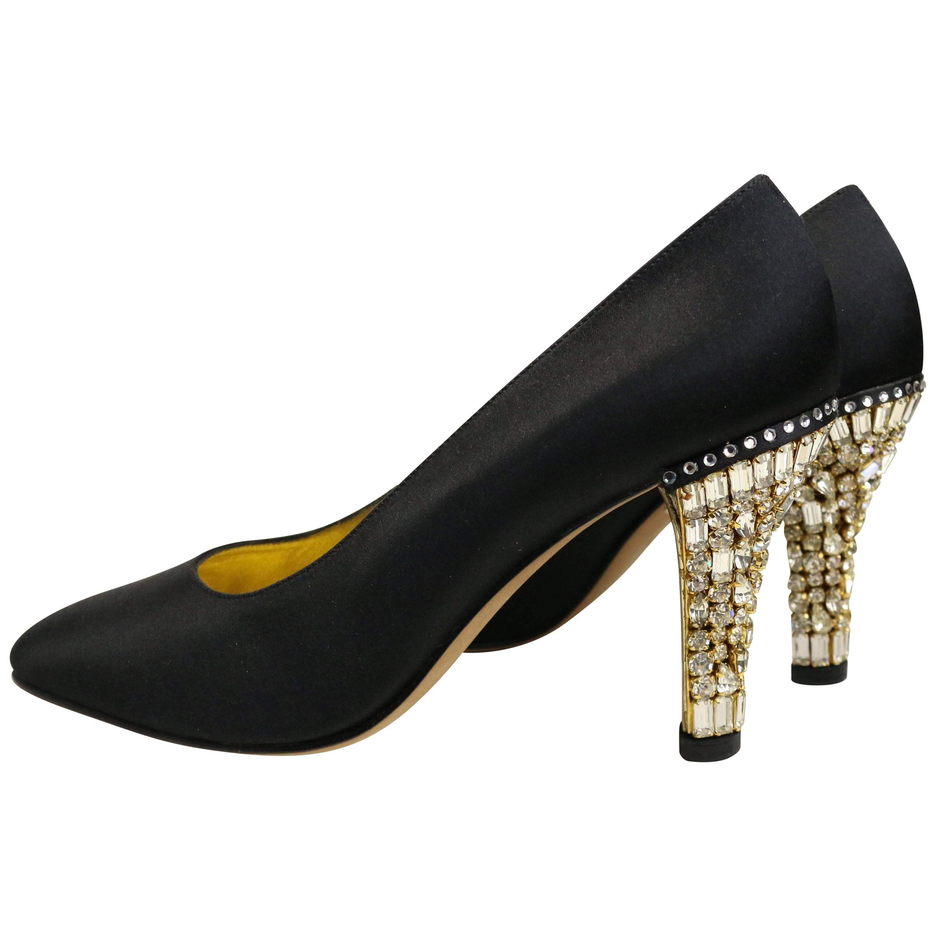 Escada Black Satin Pumps with Crystal Rhinestones Heels