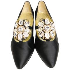Vintage Casadei Black Satin Gold Toned Crystal Rhinestones Evening Shoes 