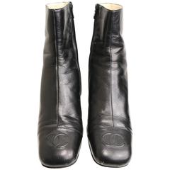 Chanel Black Leather Square Toe "CC" Logo Ankle Boots 7
