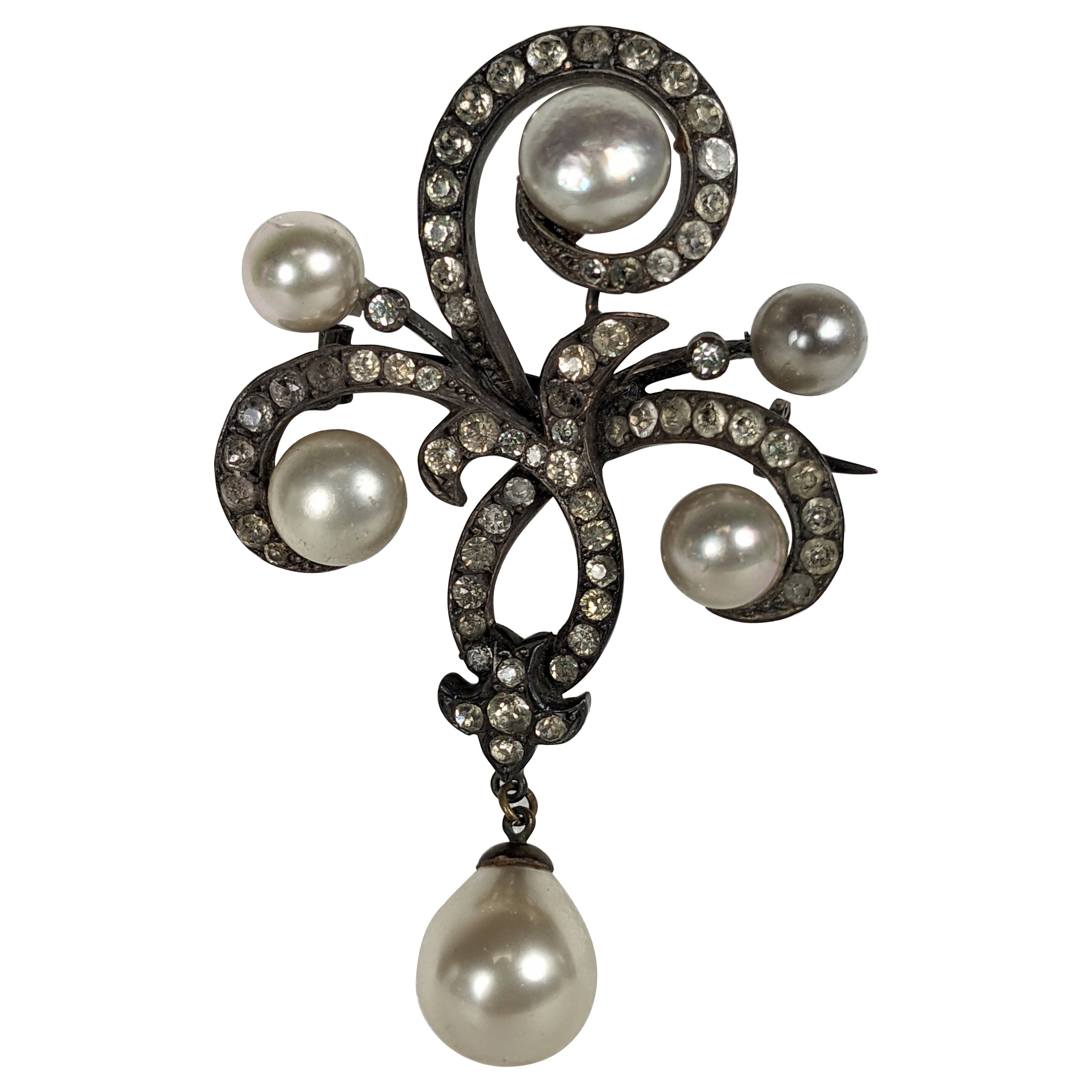 Elegant Edwardian Paste and Faux Pearl Brooch For Sale