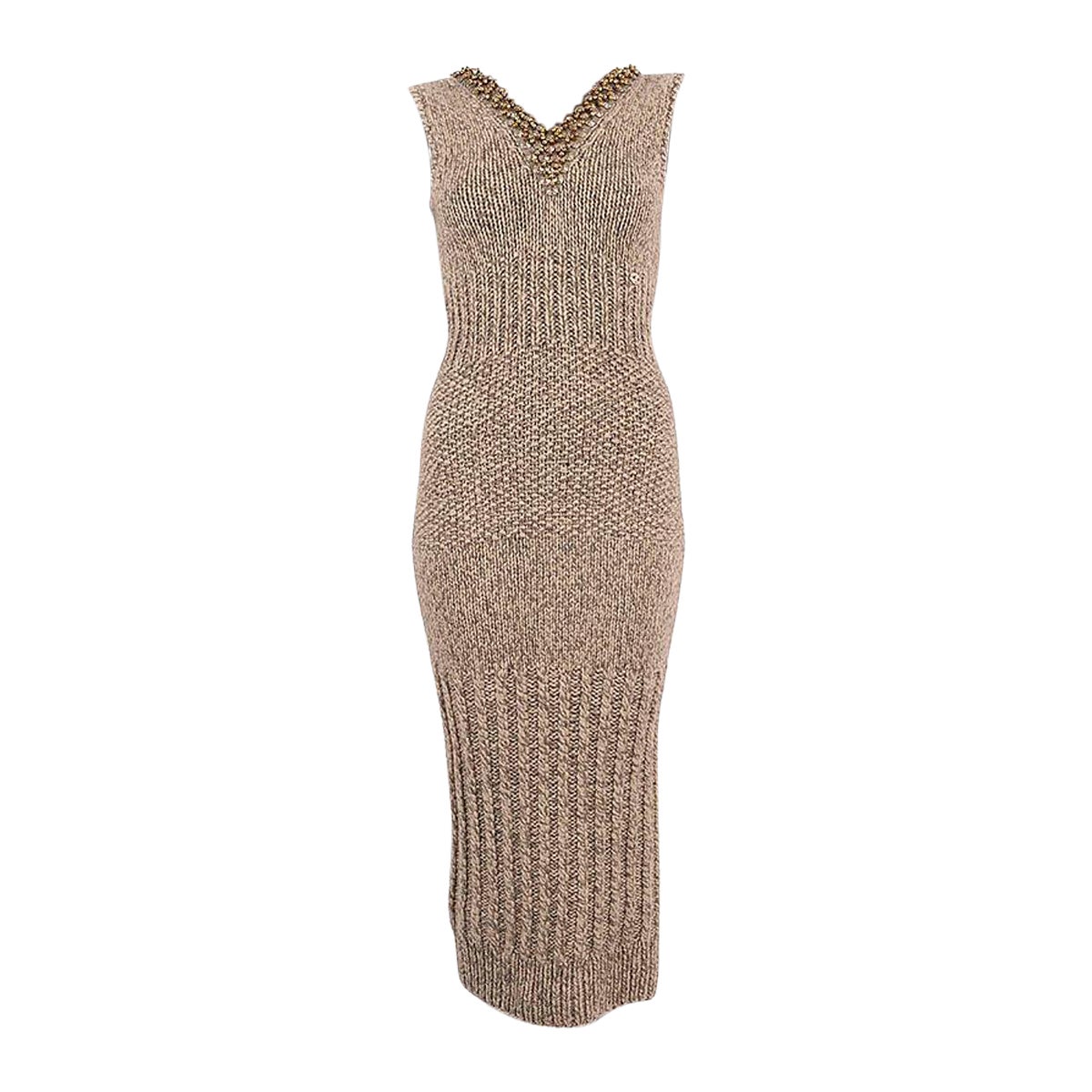 CHANEL beige taupe cashmere 2007 07A BEADED LUREX Knit Dress 36 XS For Sale