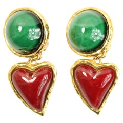 Christian Lacroix Green round and Red Heart Stones Gold Toned Clip On Earrings