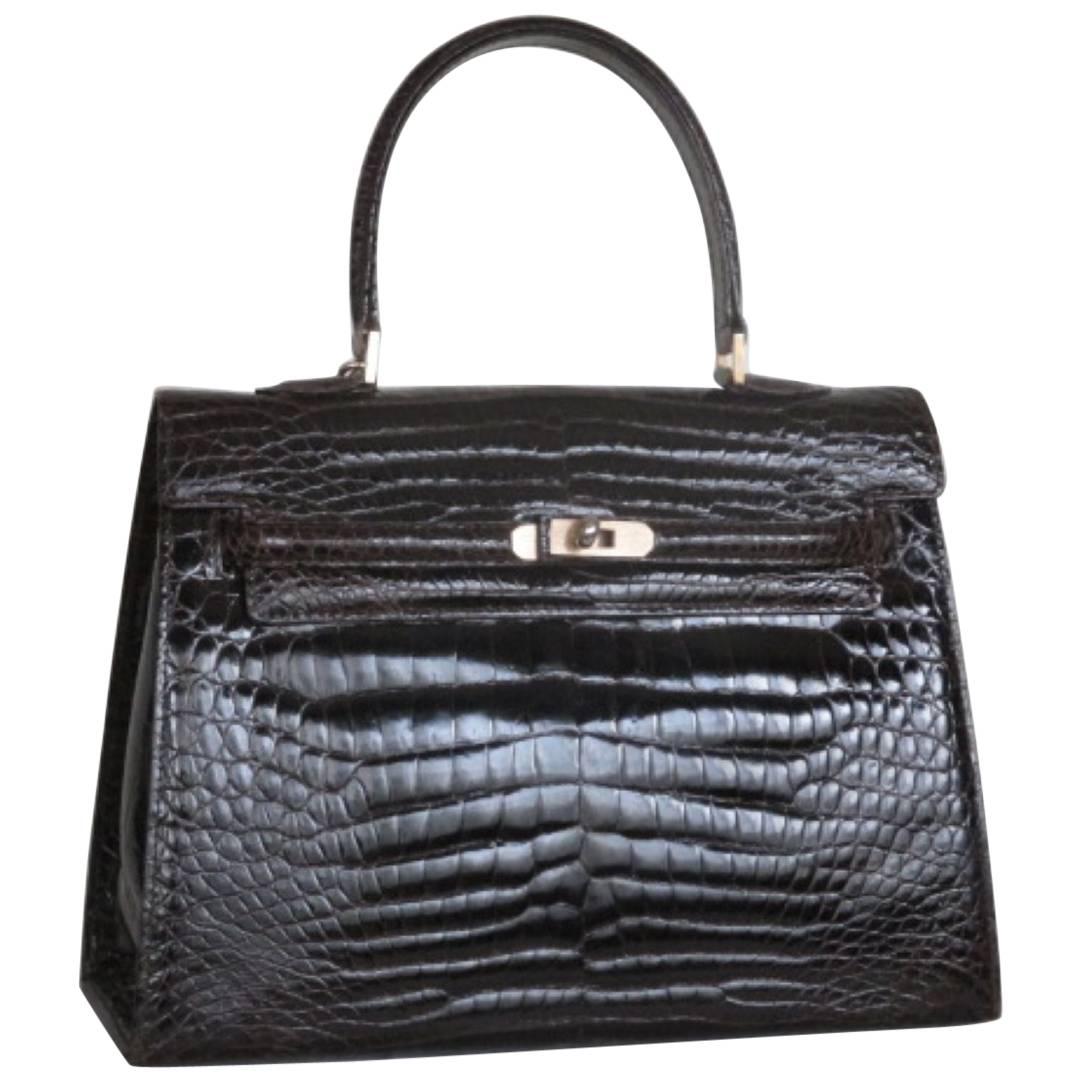 Vintage Dark Brown Croco Leather "Kelly" Style Handle Bag