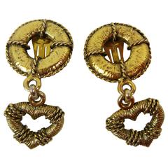 Vintage 1990s MOSCHINO Gold Tone Metal Logo Pendant Earrings