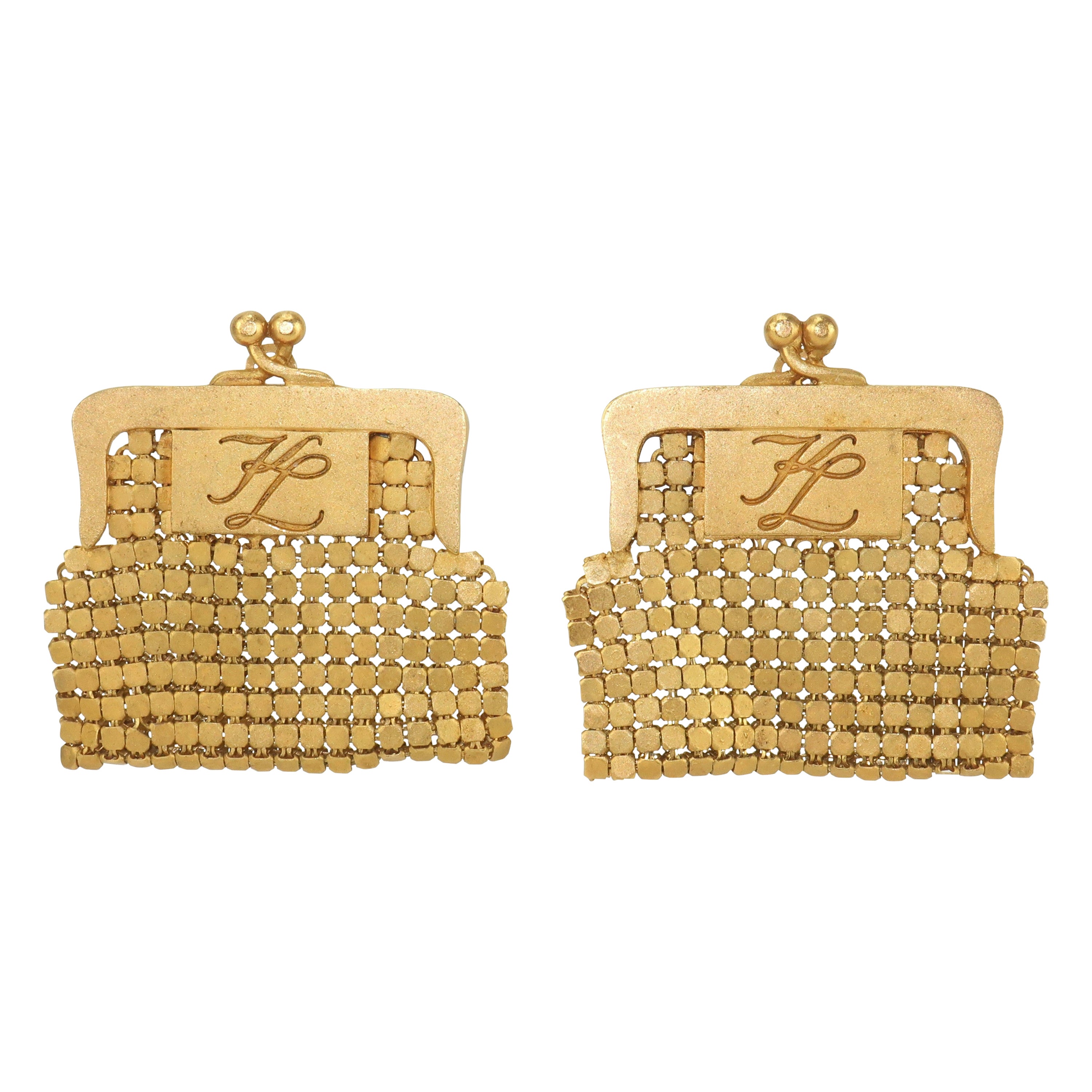 Vintage Karl Lagerfeld Gold Mesh Coin Purse Earrings For Sale