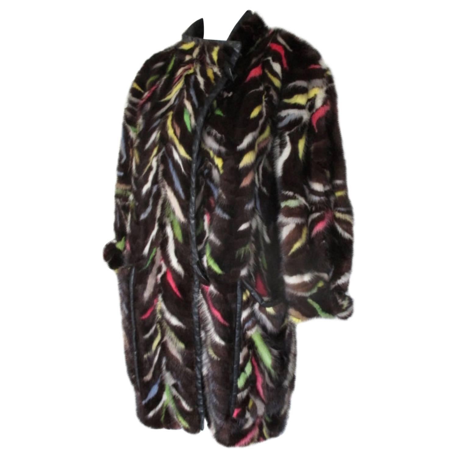 Multi Colored Mink Fur Coat Trimmed with Leather
