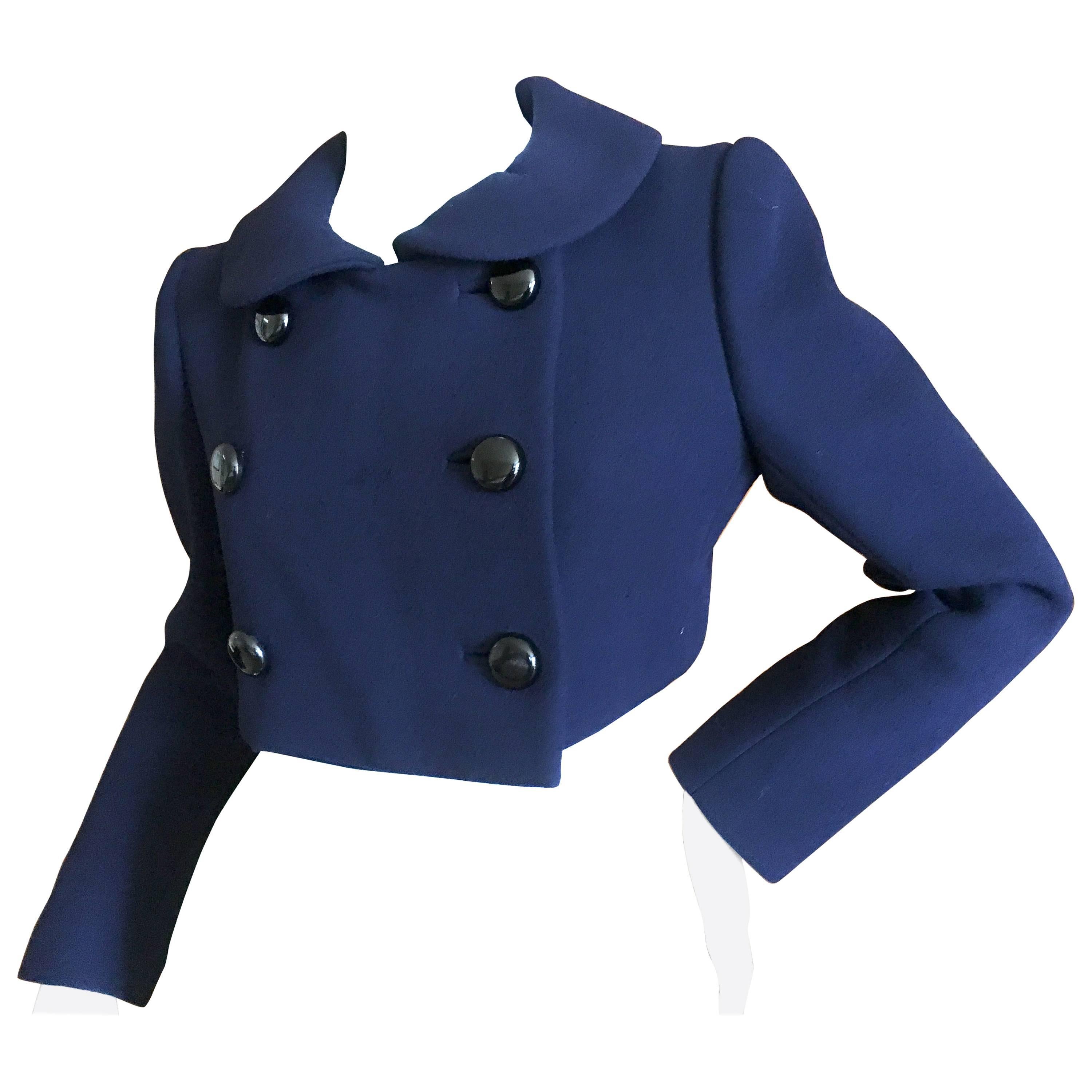 Norman Norell Navy Blue Cropped Jacket with Bold Black Buttons For Sale
