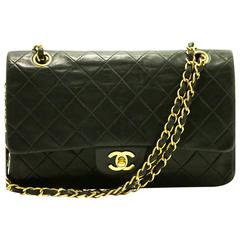 CHANEL 2.55 Double Flap Medium Chain Shoulder Bag Black Quilted 