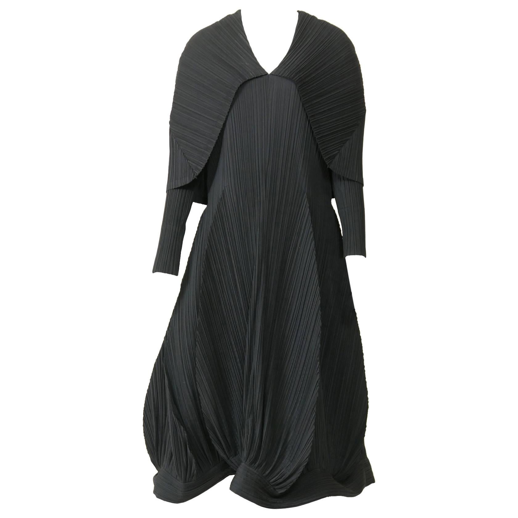 1980s Issey Miyake Black Pleateds Tulip Long Dress For Sale