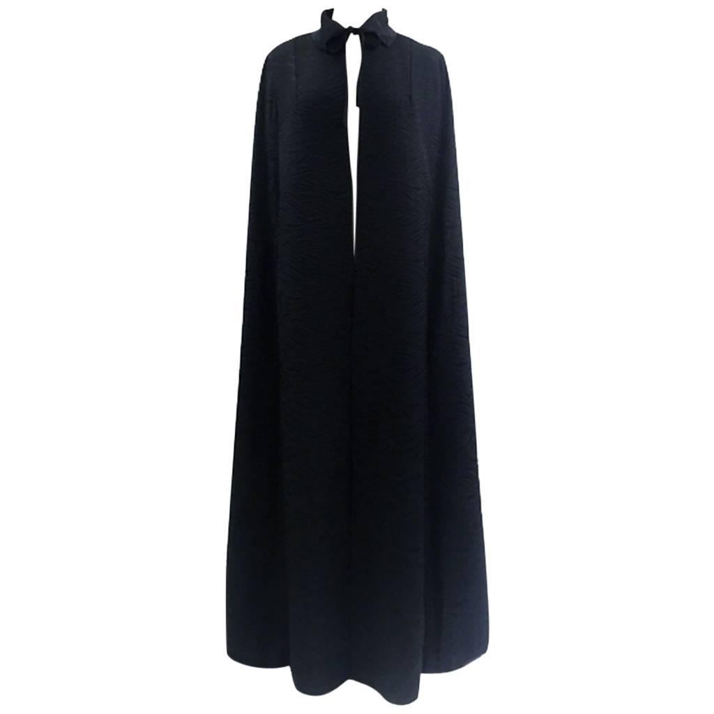 1960's Harrods Black Silk Rayon Cloque' Opera Cloak, Floor Length  For Sale