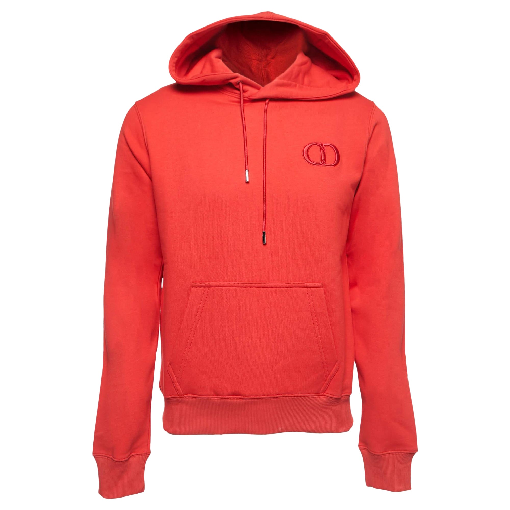 Dior Red Logo Embroidered Cotton Hoodie S For Sale