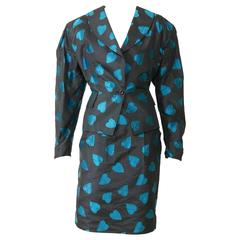 1980s UNGARO Black Taffeta Hearts Print 2 pc Suit Dress