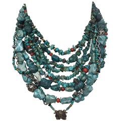 Turquoise and Coral Sterling Silver Multi-Strand Necklace Estate Fine Jewelry