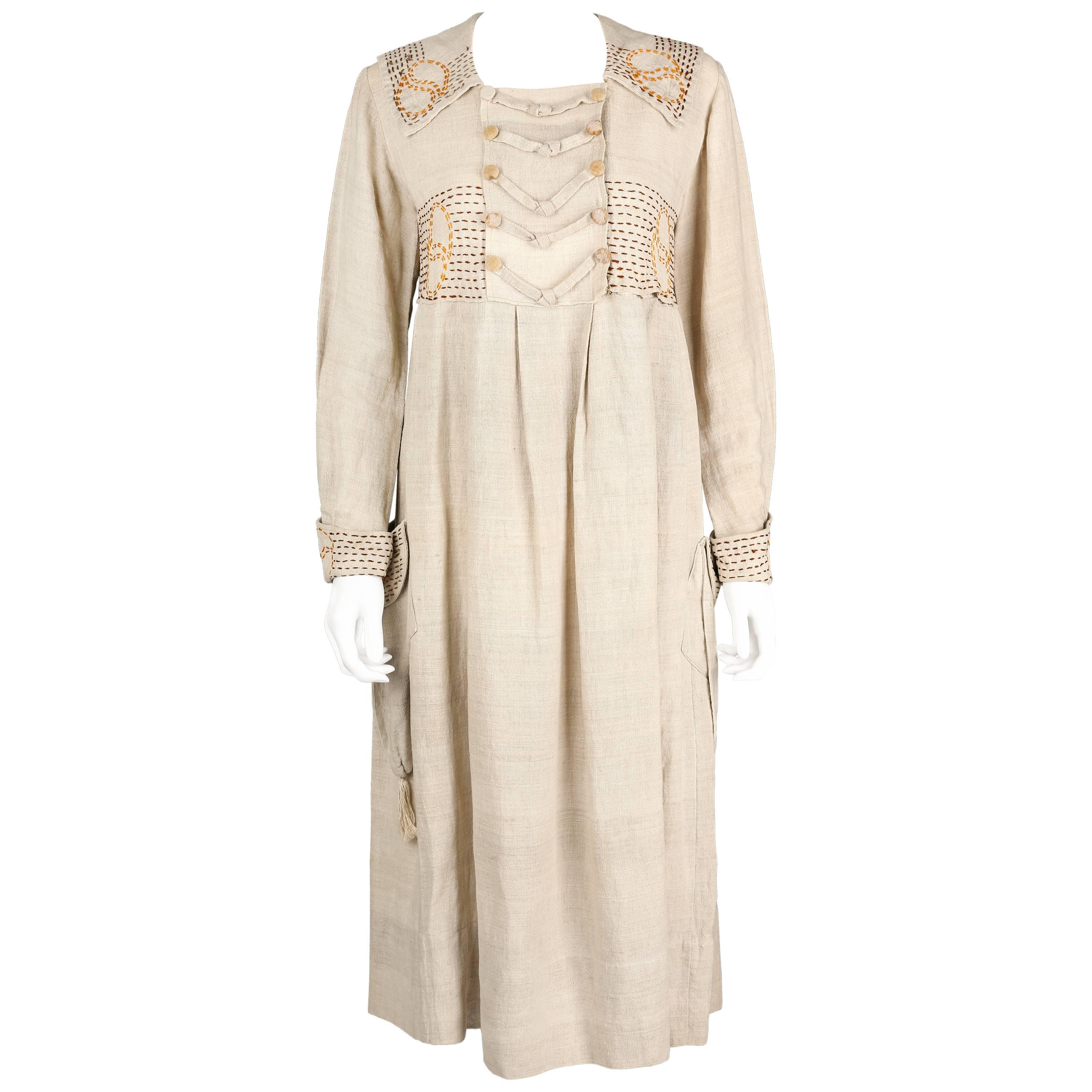 COUTURE Edwardian c.1910s Natural Linen Hand Embroidered Rural Smock Frock Dress