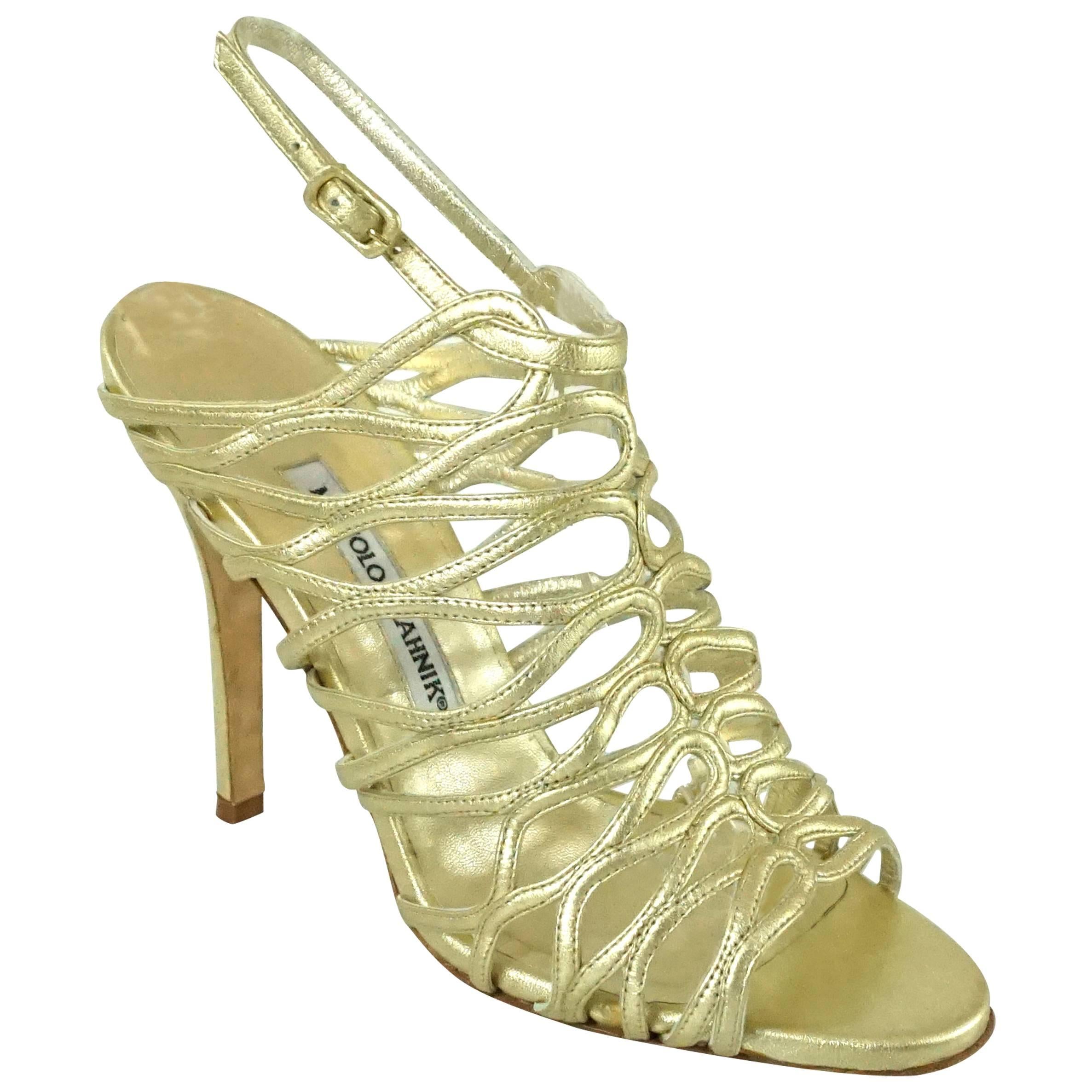 Manolo Blahnik Gold Leather Caged Heels - 37