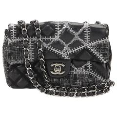 2010s Chanel Black Calfskin & Grey Wool Patchwork Classic Single Flap Bag