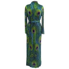 1970s Unsigned Leonard Paris Silk Jersey Green & Blue Peacock Maxi Tunic Dress