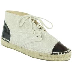Chanel Beige and Black Cracked Patent High Top Espadrille Sneakers - 38