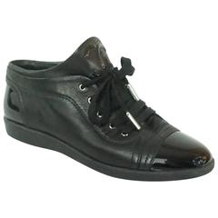 Chanel Black Lambskin and Patent Cap Toe Sneakers - 37.5