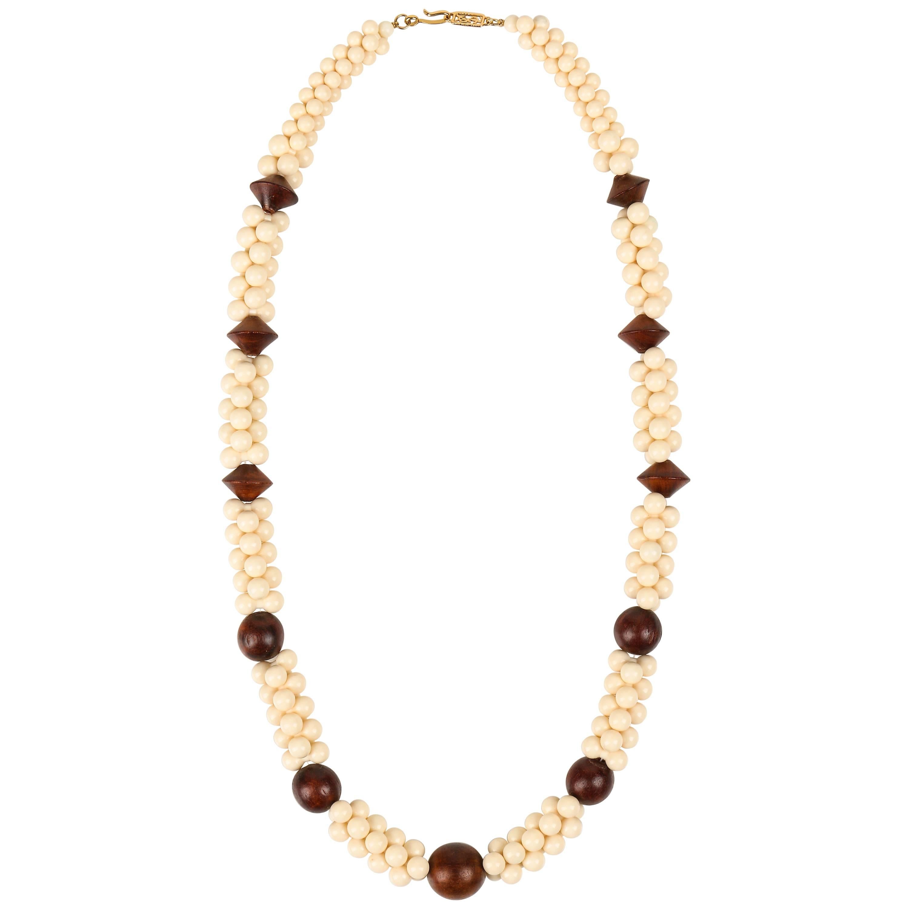 YVES SAINT LAURENT c.1967 African Collection Wood Ivory Resin Bead Necklace YSL