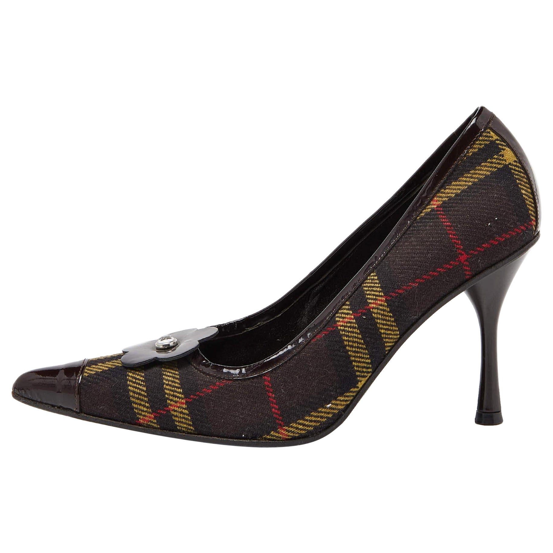 D&G Brown Plaid Wool and Patent Leather Pointed Toe Pumps Size 37.5 For Sale