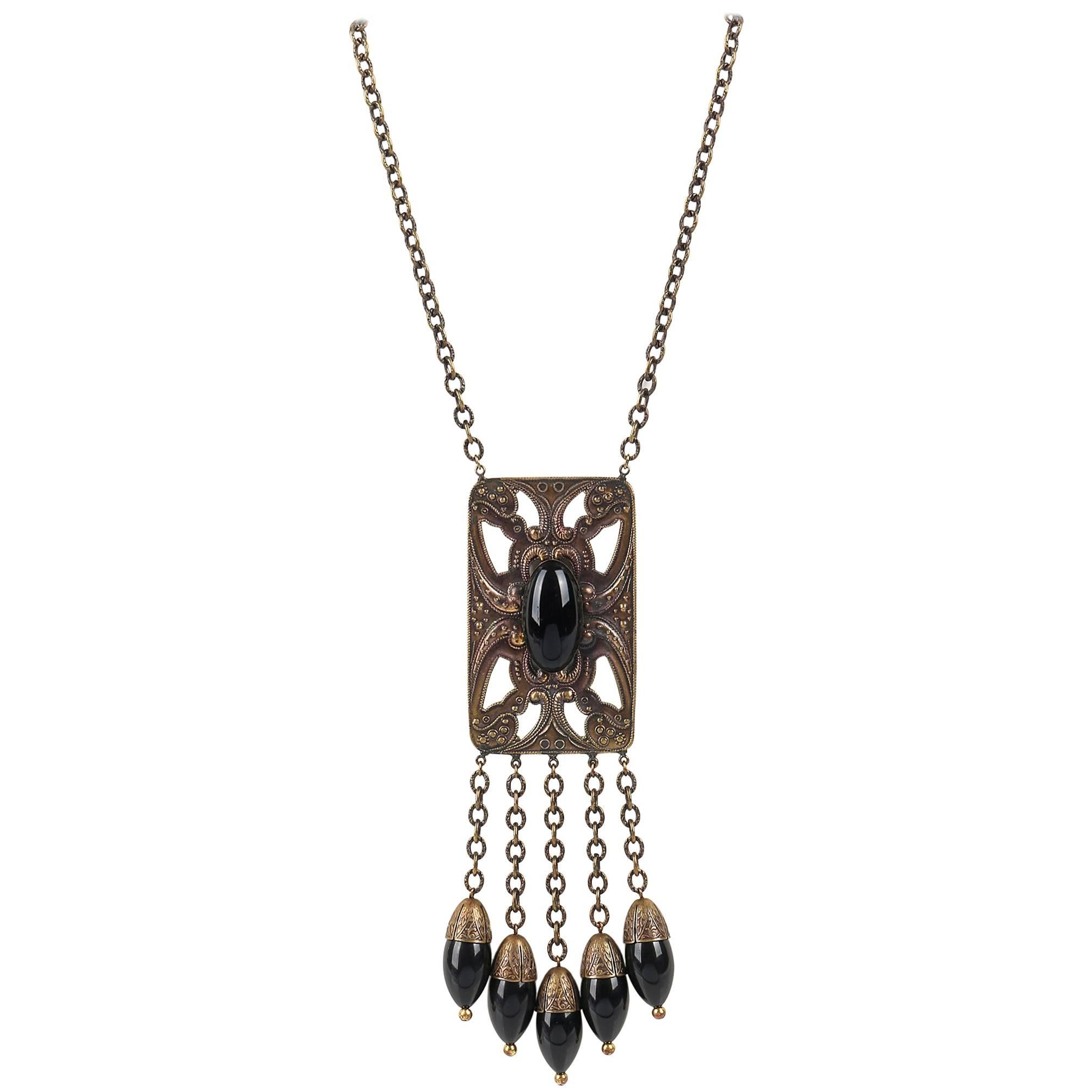 ART DECO c.1920's Bronze Black Onyx Large Pendant Bead Dangles Chain Necklace For Sale