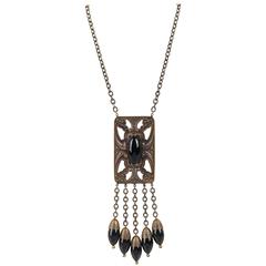 ART DECO c.1920's Bronze Black Onyx Large Pendant Bead Dangles Chain Necklace 4