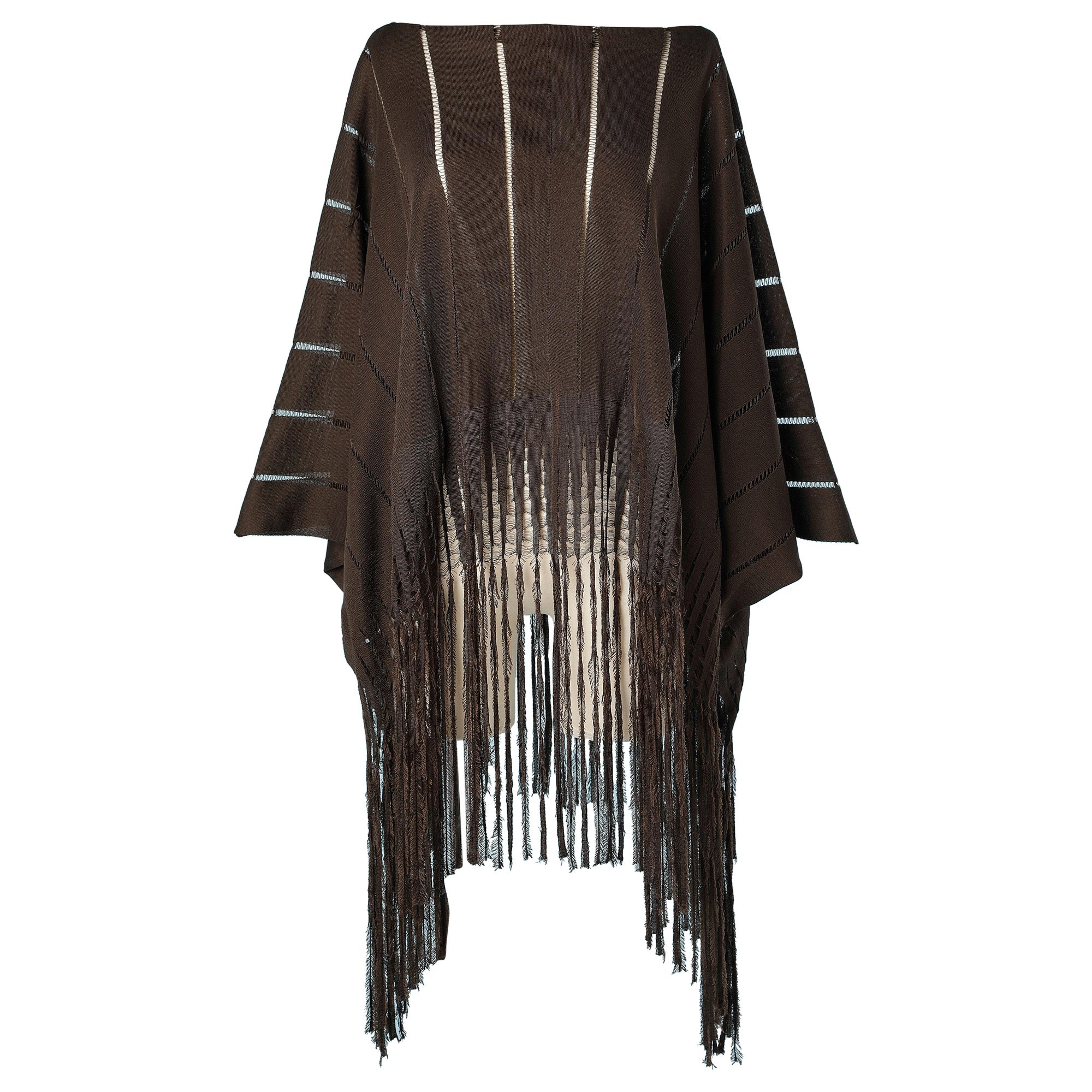 Brown thin knit poncho ended with fringes Yves Saint Laurent Rive gauche 