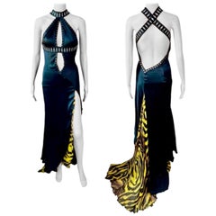 Versace F/W 2004 Runway Studded Plunging Keyhole Neckline Evening Dress Gown