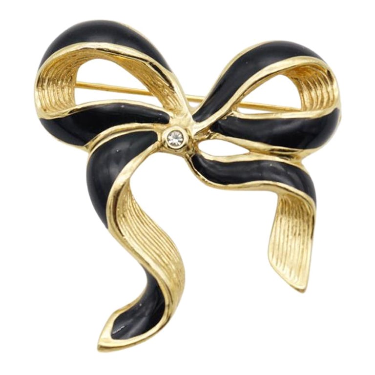 Christian Dior Vintage Black Enamel Crystal Wave Knot Bow Ribbon Gold Brooch For Sale