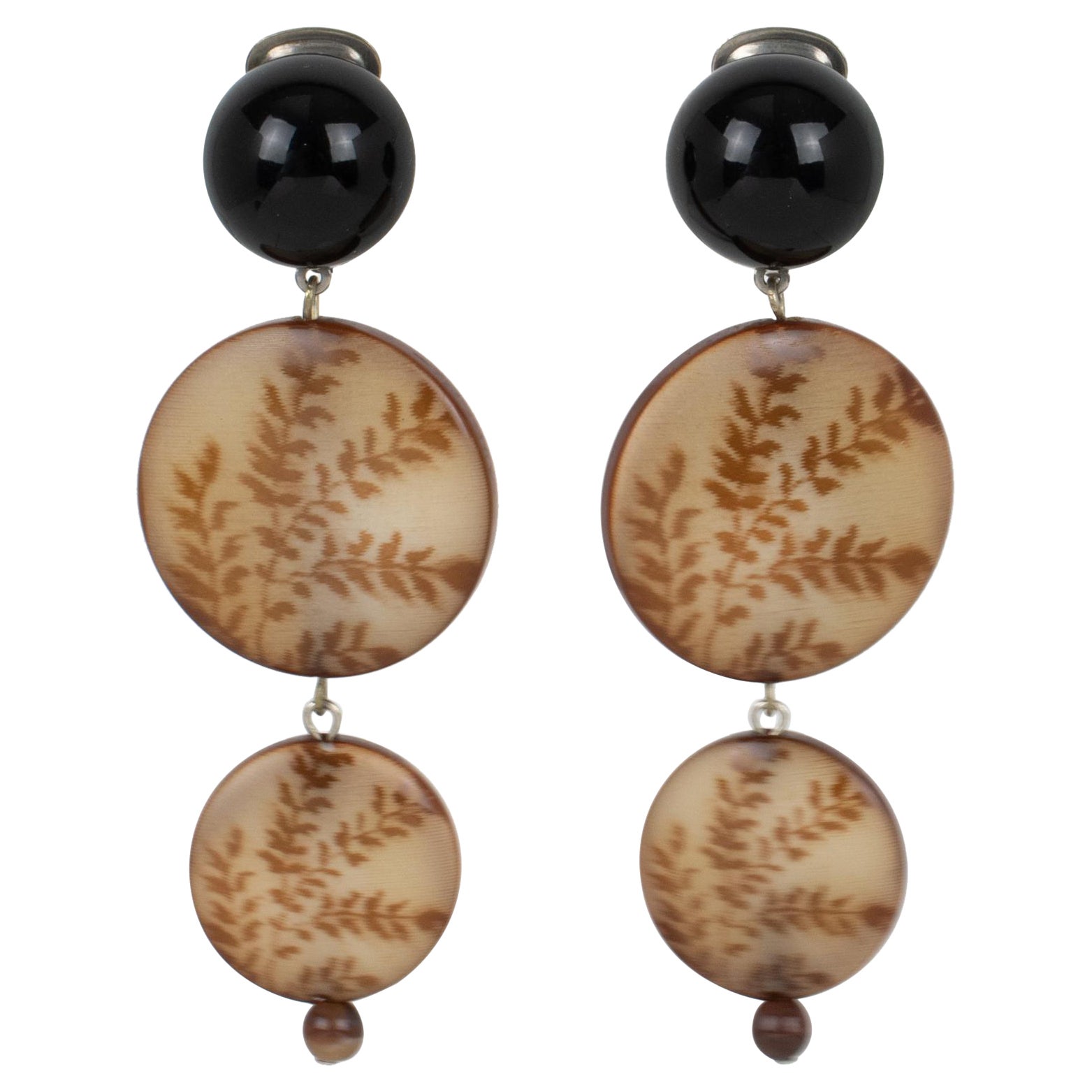 Angela Caputi Brown Tawny and Black Resin Dangle Clip Earrings with Fern Design For Sale