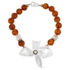 Angela Caputi Red Amber Beaded Necklace with Carved Flower