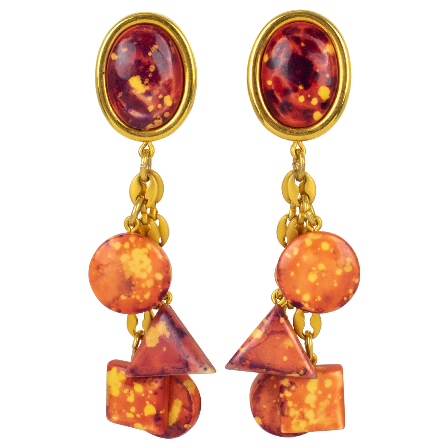 Kenzo Paris Orange and Red Resin Dangle Clip Earrings For Sale