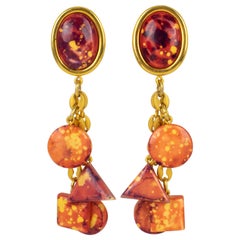 Vintage Kenzo Paris Orange and Red Resin Dangle Clip Earrings