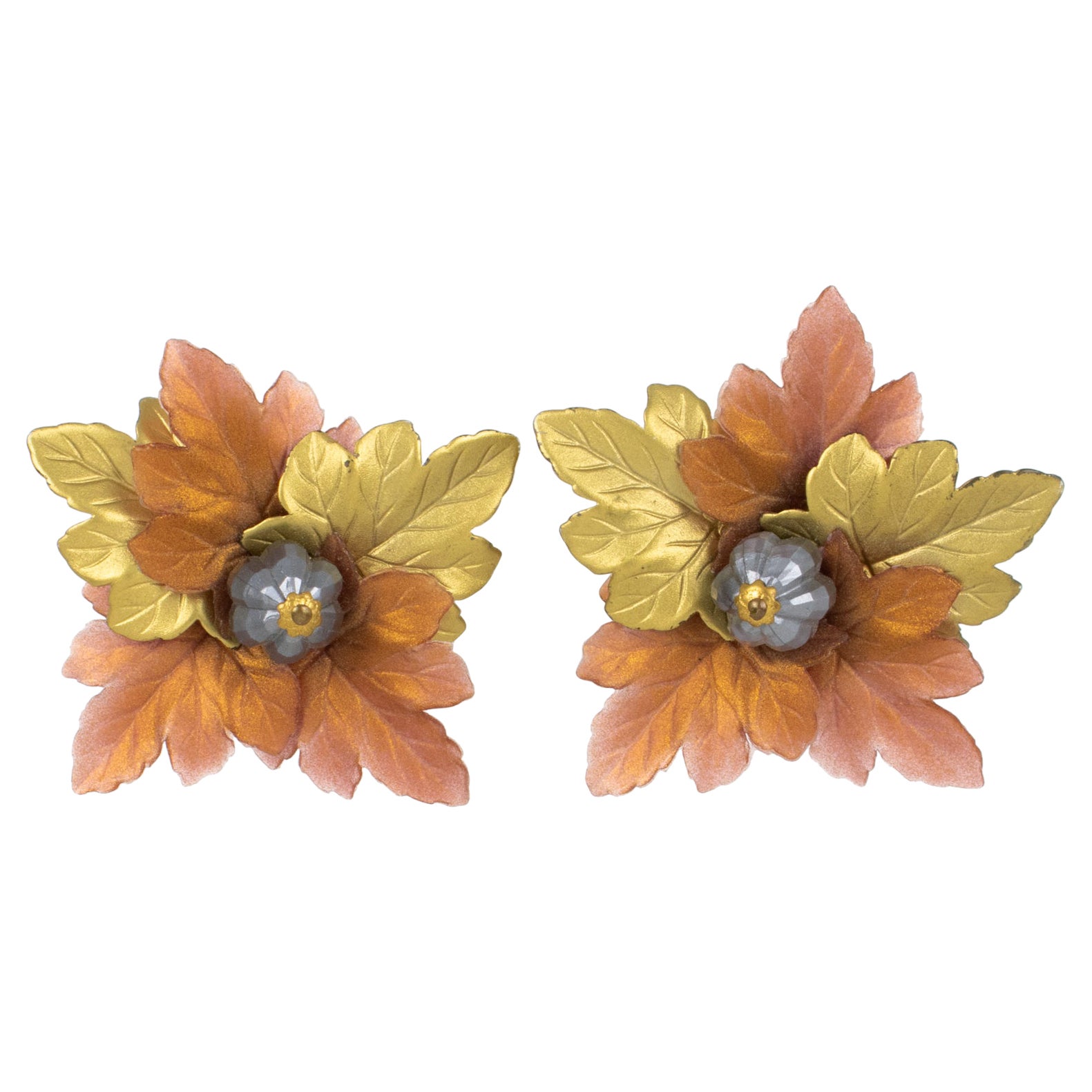 Francoise Montague Paris Resin Clip Earrings Copper and Gold Leaves For Sale