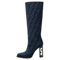 Fendi Bleu/noir FF Jacquard Chenille Knee Length Boots Size 37.5
