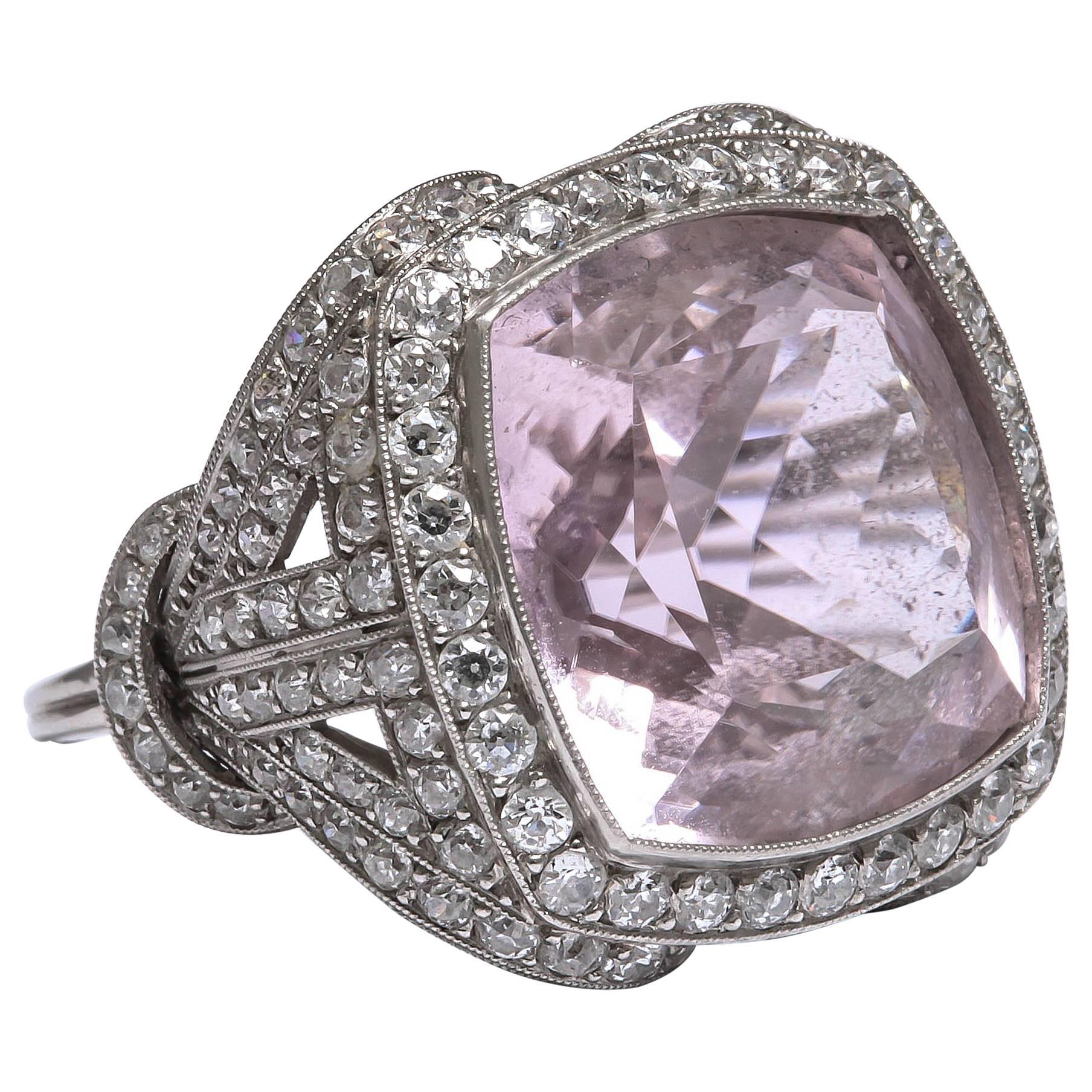 Rare Vintage Kunzite and Diamond Platinum Ring