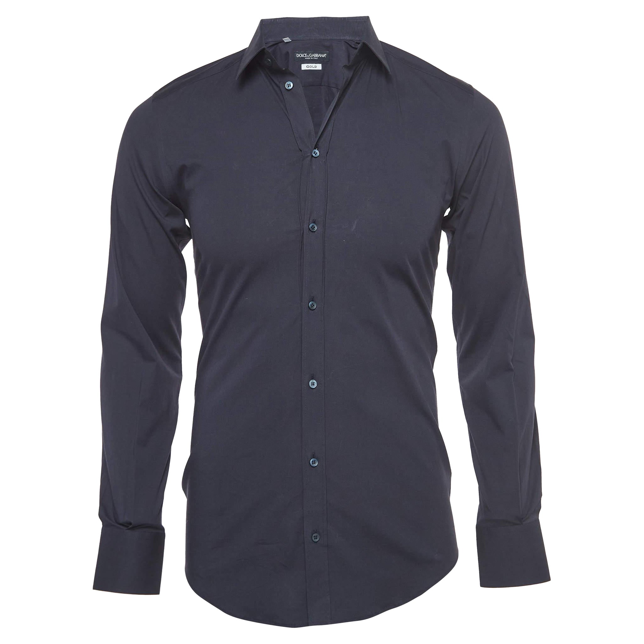 Dolce & Gabbana Gold Navy Blue Cotton Button Front Full Sleeve Shirt S For Sale