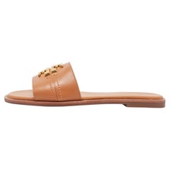 Tory Burch Brown Leather Everly Flat Slides Size 37.5