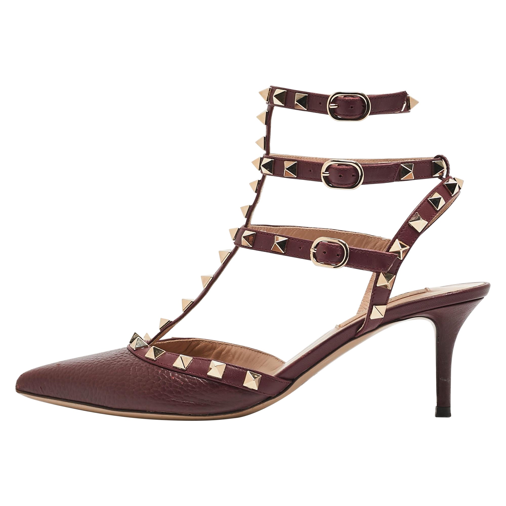 Valentino Burgundy Leather Rockstud Ankle Strap Pumps Size 37.5 For Sale