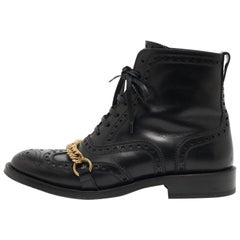 Used Burberry Black Brogue Leather Barksby Chain Detail Ankle Boots Size 40