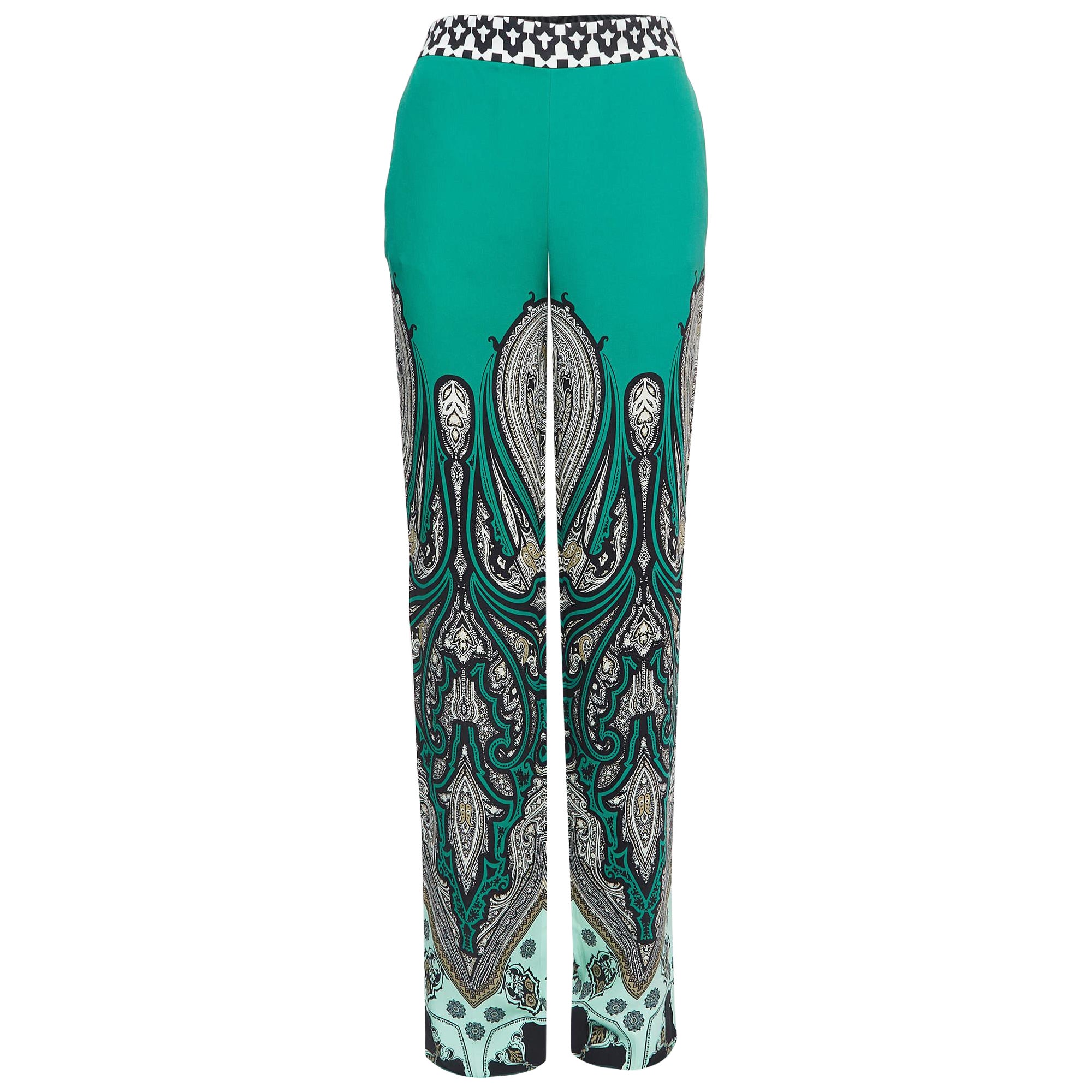 Etro Green Printed Silk Palazzo Pants S For Sale