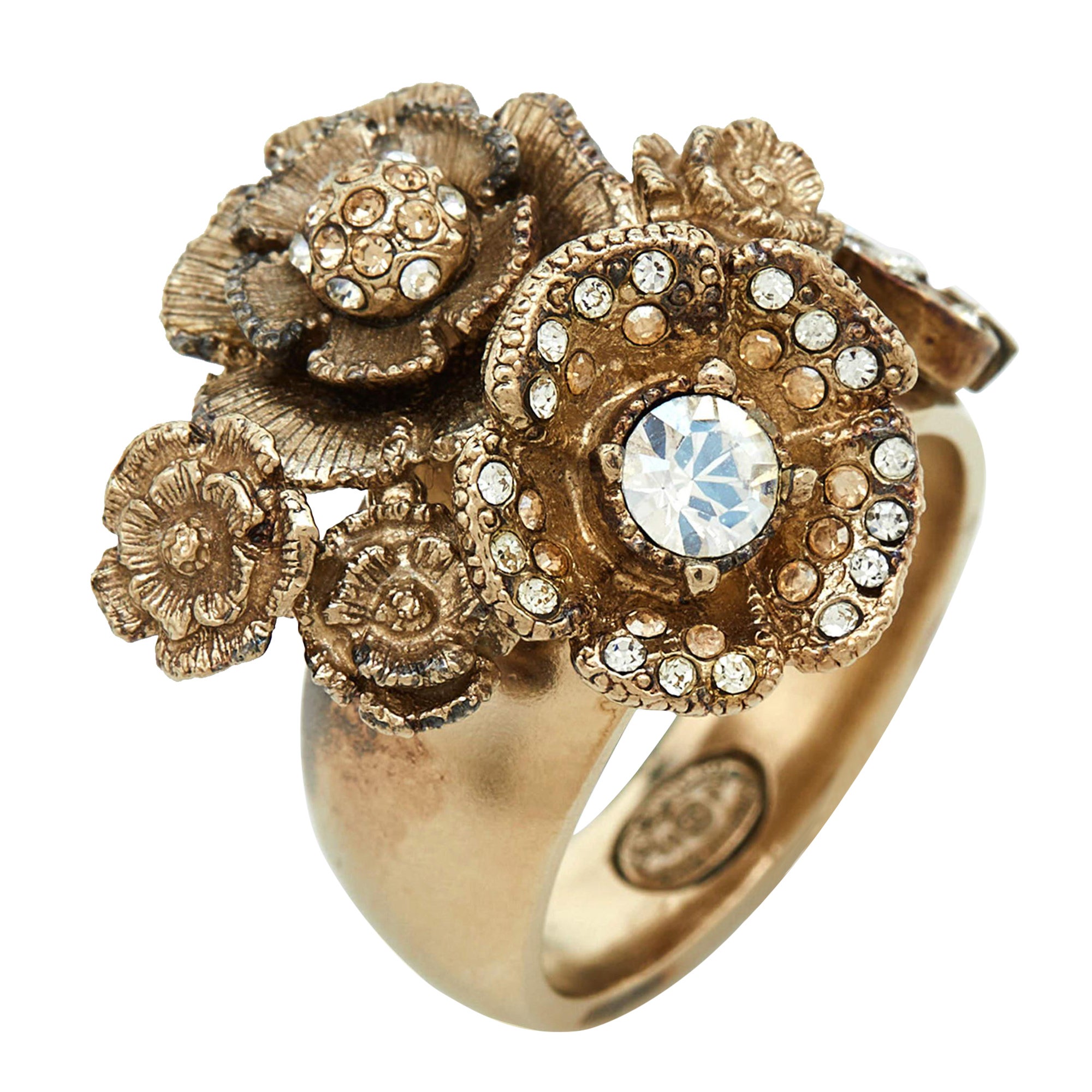 Chanel CC Crystal Camellia Cluster Gold Tone Ring Size 52 For Sale