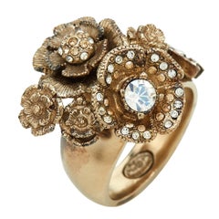 Vintage Chanel CC Crystal Camellia Cluster Gold Tone Ring Size 52