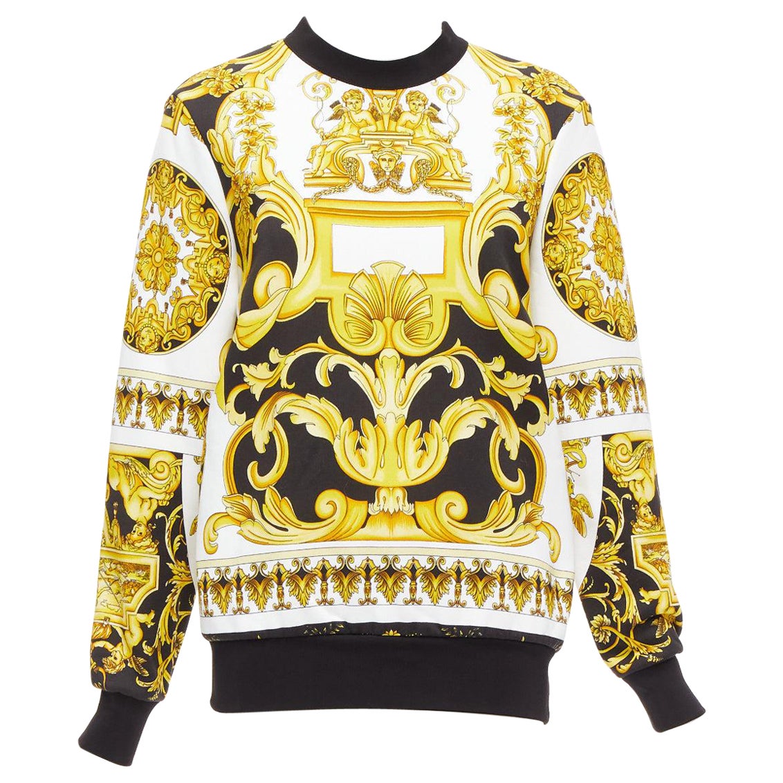 VERSACE Barocco Tribute black gold print cotton oversized crew sweater IT38 XS For Sale