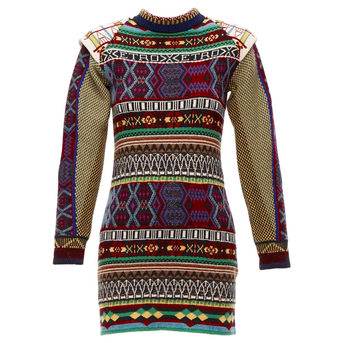 ETRO ethnic multicolor intarsia wool contrast sleeve sweater dress IT38 XS For Sale
