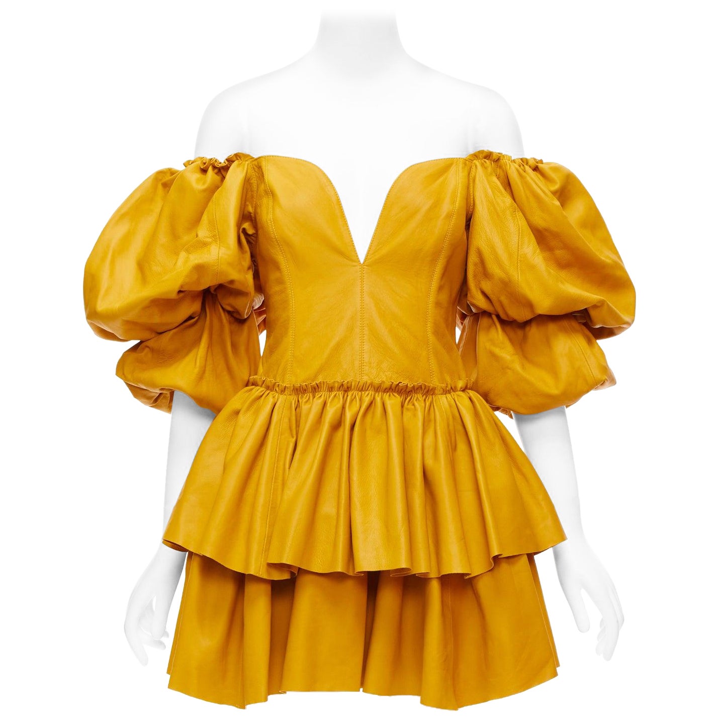 AJE 2019 Castellain mustard yellow leather puff sleeve tiered mini dress UK6 XS For Sale